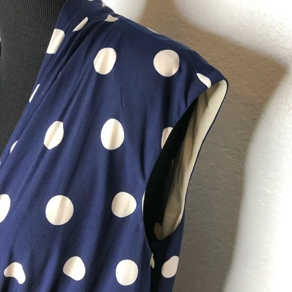 Eliza J navy blue cream tan polka dot faux wrap dress size 14